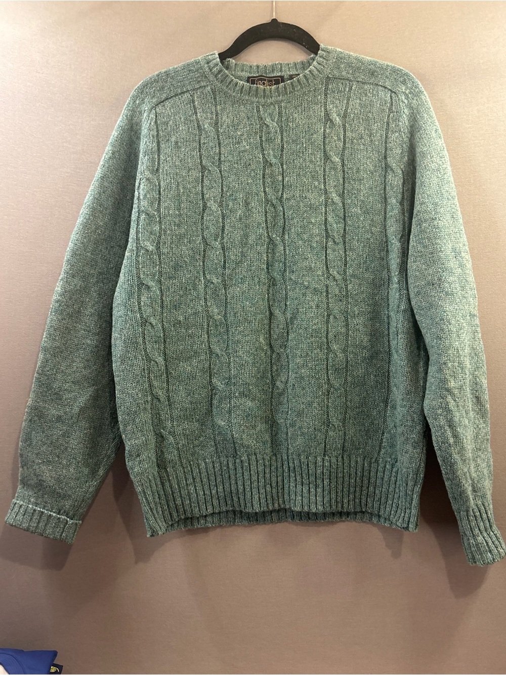 Vintage 100% wool Men's Cable Knit Crewneck Sweater - turquoise size Medium